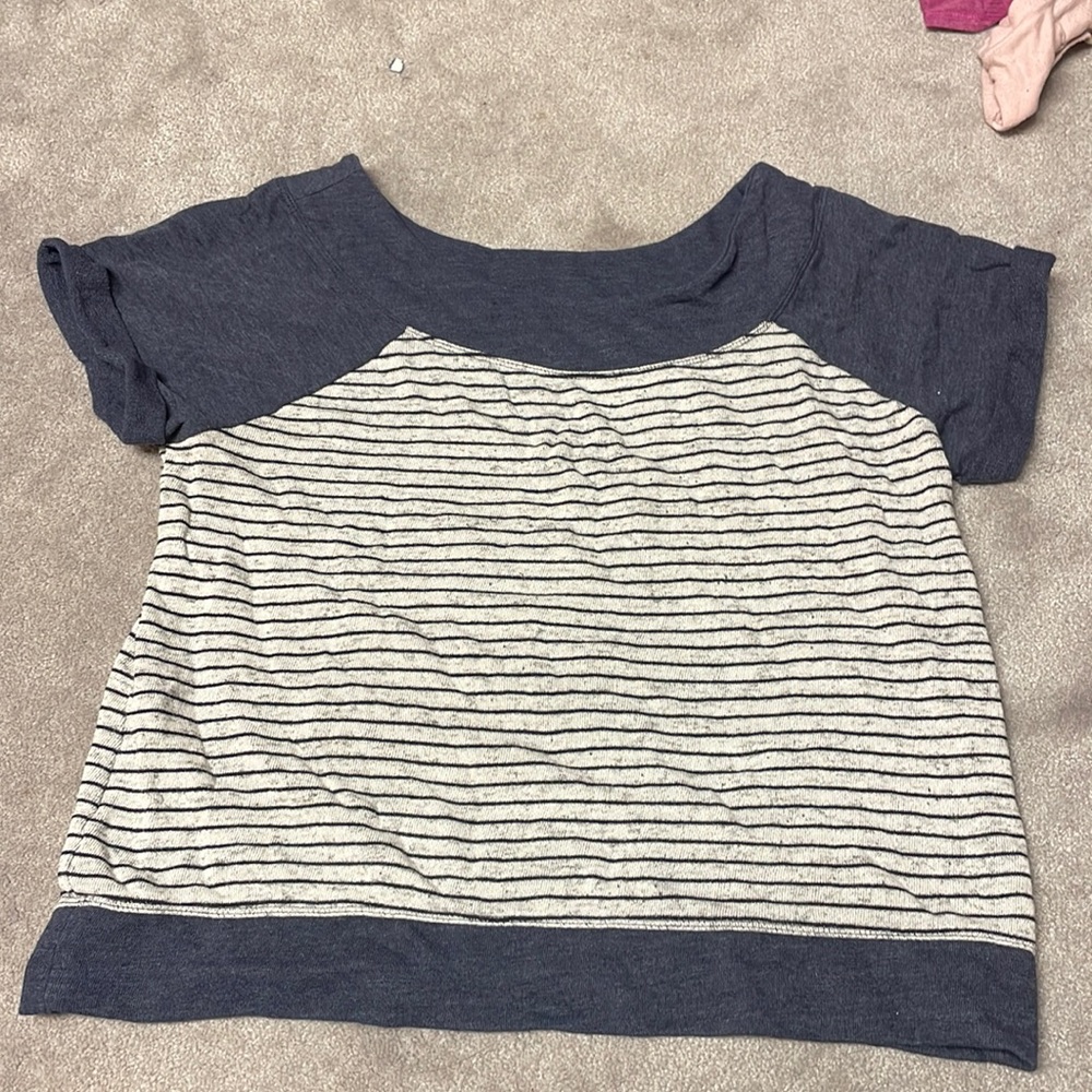 Maurice’s blue stripped short sleeve shirt. Size L